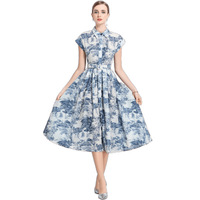 Robe chemise élégante pour femme, imprimé bleu et blanc, col à revers vintage, manches courtes, taille cintrée, coupe trapèze, longueur midi, robe de bureau