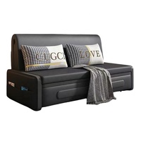 Canapé-lit avec base escamotable et poche de rangement pour salon, tête de lit incurvée en cuir gris, canapé convertible avec passepoil noir
