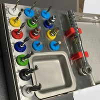 Kit d'outils pour chirurgie implantaire dentaire, comprenant un foret pilote, un foret guide, un tournevis, une clé et des accessoires de rallonge