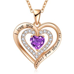 Collier double cœur en or rose, pierre de naissance de février, cœur en améthyste simulée, zircone cubique, cadeau romantique, bijoux pour femmes - Product Image 1