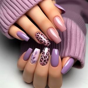 <span class=keywords><strong>Uñas</strong></span> postizas acrílicas de cobertura completa, hechas a máquina, <span class=keywords><strong>con</strong></span> diseño de leopardo negro, estilo French Press, 24 unidades, cuadradas medianas, color nude, <span class=keywords><strong>con</strong></span> línea dorada delgada y adhesivo. - Product Image 5