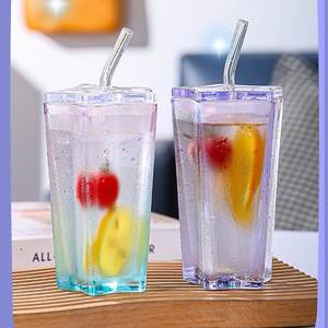 Tazza da <span class=keywords><strong>Caffè</strong></span> in Vetro Colorato con Stella a Cinque Punte, Bicchiere per Bevande Fredde con Coperchio e Cannuccia - Product Image 3