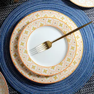 高品质骨瓷餐盘豪华印花白瓷盘批发骨瓷餐厅餐盘