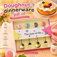 Ensemble de 4 couverts en acier inoxydable doré avec manche en forme de donut, pour desserts, gâteaux et café, pour enfants, en coffret cadeau