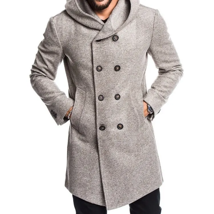 Mens Windproof Long Softshell Hooded Trench Jackets Wool Men Coat Solid 2022 Winter Side Pockets Double Breasted Plus Size Warm