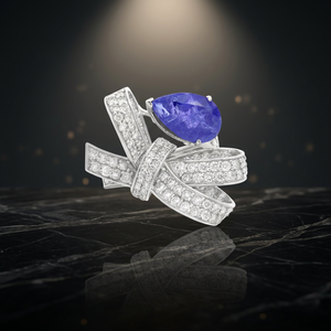 Pear Cut Moissanite <b>Vintage</b> Bow Statement Ring Rhodium Plated 14K Gold Party Jewelry with Pave Setting - Product Image 1