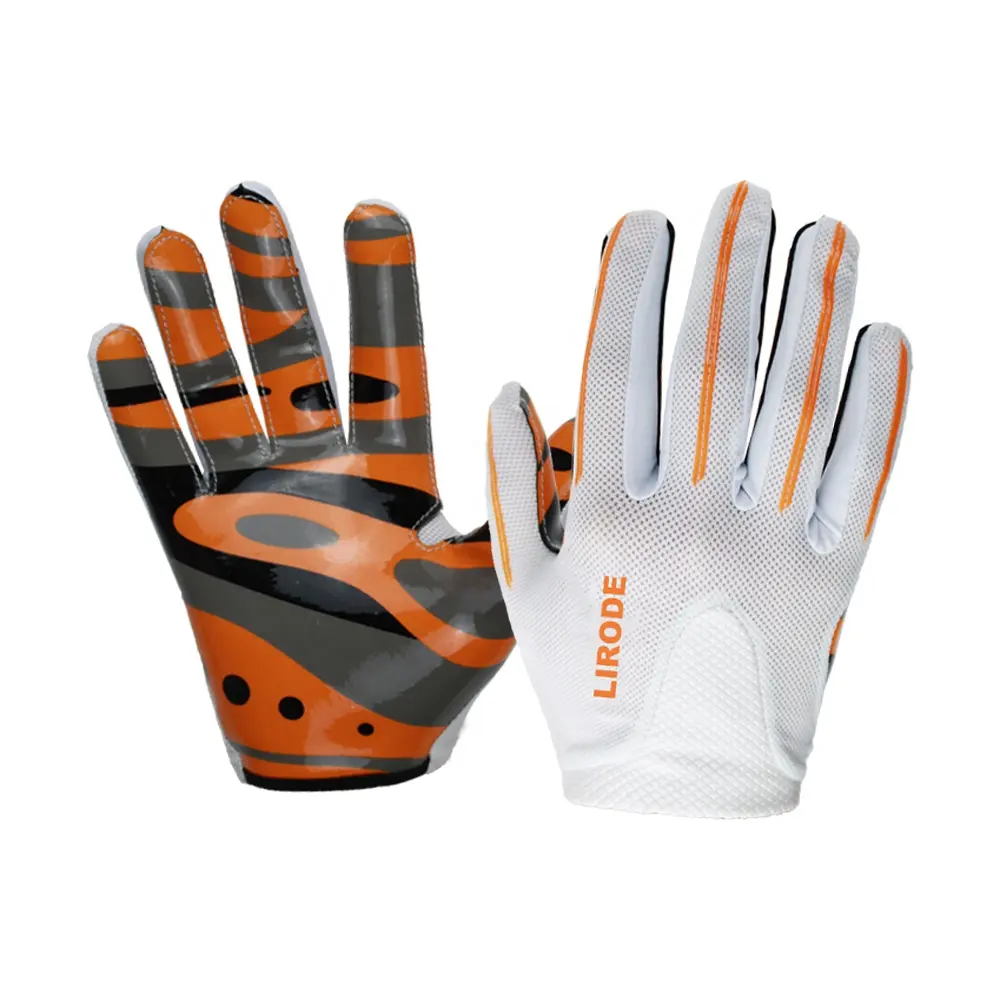 Guantes de rendimiento sin correa para la muñeca, receptor blanco duradero, OEM ODM, superadherente, fábrica de guantes de fútbol americano para jóvenes y adultos