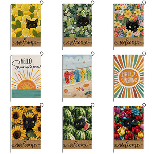 Banderas de jardín de arpillera pequeñas de doble cara con diseño de gato de bienvenida para patio, hogar y decoración exterior, venta al por mayor, primavera-<span class=keywords><strong>verano</strong></span> - Product Image 1