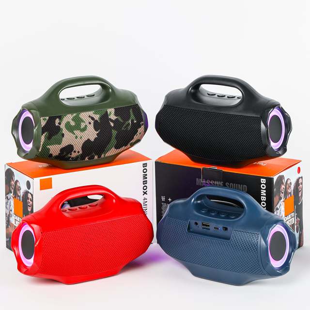 BOMBOX4 Mini Portable Blue-tooth Fabric Speaker Super Bass Hifi Sound Stereo Woofer RGB Light Wireless BT Speaker FM Radio/TF