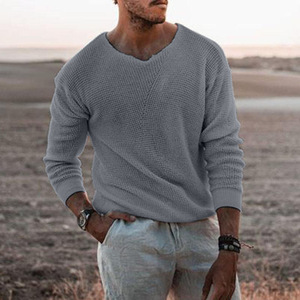 Suéter de punto tipo gofre con cuello en V ancho para hombre, estilo otoño-invierno, con textura de panal, cuello holgado y ribetes acanalados, ajuste ceñido. - Product Image 5