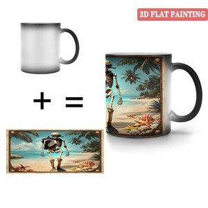 Tasse créative à révélation de chaleur, noire givrée, 11 oz, en céramique, à changement de couleur, motif squelette de plage - Product Image 4