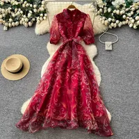 Robe trapèze vintage pour femme avec col et ceinture à nouer, bleu marine et rouge, pour printemps-été, vente en gros