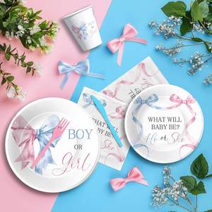 Articles de fête sur le thème du nœud papillon pour révélation du sexe du bébé (garçon ou fille) – Assiettes, gobelets, serviettes et couverts jetables « <span class=keywords><strong>Il</strong></span> ou Elle » - Product Image 6