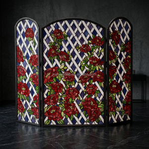Customized Stained Glass Room Divider 3 Panels Floral Pattern Red Roses Blue Background Freestanding Decorative <b>Screen</b> - Product Image 3