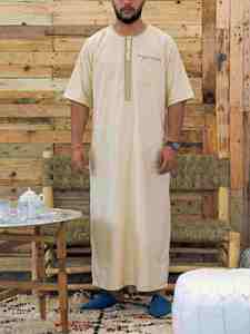<b>Men's</b> Light Gray Short Sleeve Embroidered <b>Thobe</b> Linen Floor Length Casual Daily Wear our fabric - Product Image 4