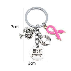 Porte-clés <span class=keywords><strong>en</strong></span> métal créatif avec ruban <span class=keywords><strong>rose</strong></span> pour <span class=keywords><strong>la</strong></span> sensibilisation au cancer du sein, motif arbre de <span class=keywords><strong>vie</strong></span>, ailes et inscription 'Love NEVER GIVE UP', pendentif pour sac - Product Image 6