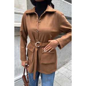 Chaqueta Camisera Midi con Cinturón Color Tabaco, Blazer Tejido de Manga Larga, Estilo Otoñal para Mujer, Talla L - Product Image 1