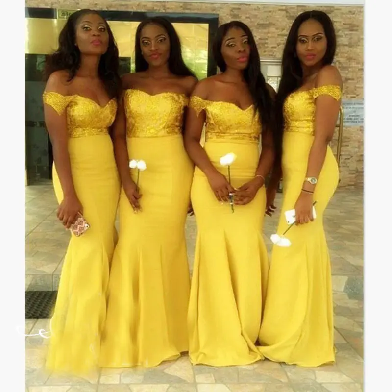 2023 Mermaid design Bridesmaid Dress Yellow Color Floor Length Wedding Party Dresses Off Shoulder Design Bridesmaid Evening Gown