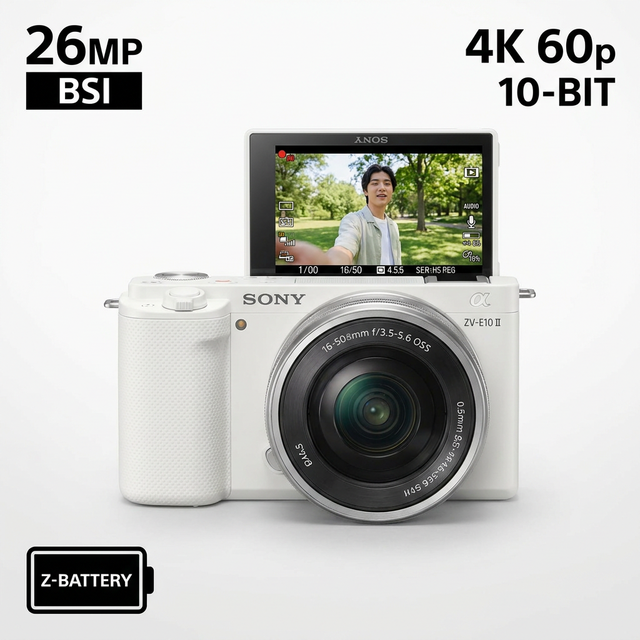 Sony ZV-E10 II Mirrorless Vlog Camera 16-50mm Lens 24MP 4K 60p 10-bit 4:2:2 Large Z-Battery SD Card CMOS Sensor 1-Year Warranty