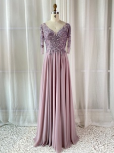 Vestido <span class=keywords><strong>de</strong></span> Noche <span class=keywords><strong>de</strong></span> Malla con Cuentas <span class=keywords><strong>Color</strong></span> Malva, Directo <span class=keywords><strong>de</strong></span> Fábrica, Manga 3/4, Cuello en V, Corte A, <span class=keywords><strong>de</strong></span> Gasa, Formal, para Madre <span class=keywords><strong>de</strong></span> la Novia, Fiesta <span class=keywords><strong>de</strong></span> Boda, Tallas Grandes - Product Image 4
