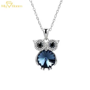 Fashion Chain Blue Gemstone Iced Out Owl Pendant Necklace Stainless Steel Silver Waterproof Women Necklace