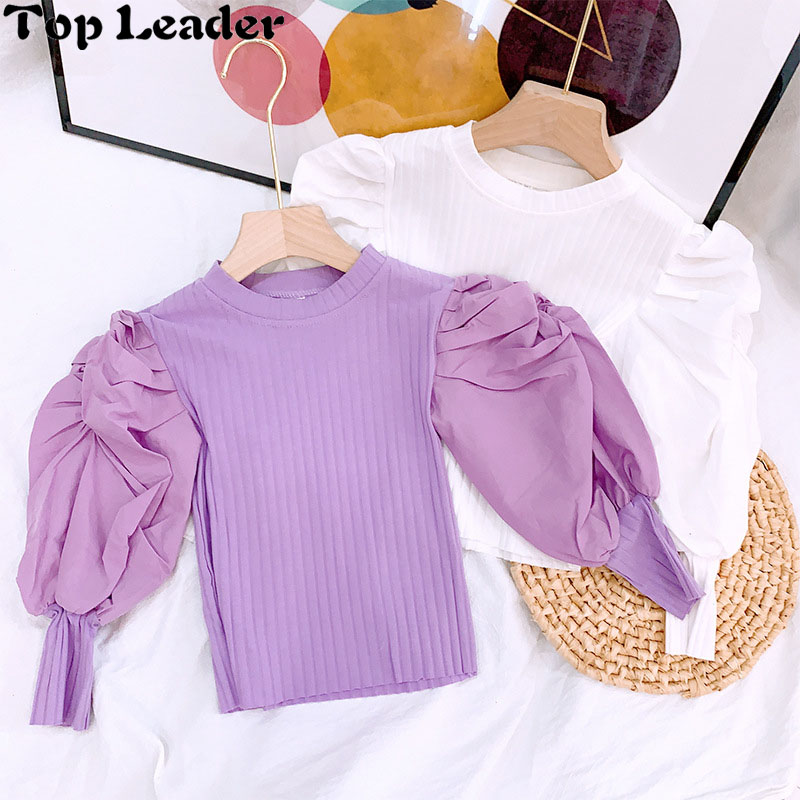Весенне-осенняя футболка для девочек, детские футболки, детские топы, Детская уличная одежда, плиссированная Вертикальная Трикотажная футболка с пышными рукавами и нашивками для 2-7 лет