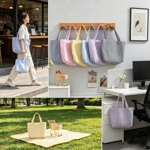 Custom Logo Striped Tote Vintage Handheld Shopping Pouch Lightweight Fabric Grocery Bag - Product Image 3