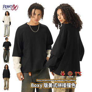 280g tinh khiết cotton thể thao T-Shirt với hai lớp màu tương phản dài tay áo và ngắn rộng Boxy Mỹ chắp vá thiết kế - Product Image 4