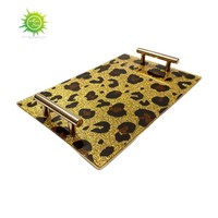 Plateau de service rectangulaire en acrylique avec poignées en métal doré, plateau décoratif à imprimé léopard pour la maison, la cuisine et la table