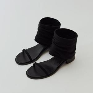 Sandalias de cuero genuino con diseño de nicho, patchwork y detalle fruncido, de una sola tira, para mujer, novedad de verano, con tacón grueso y punta redonda, tipo botín deslizante. - Product Image 2