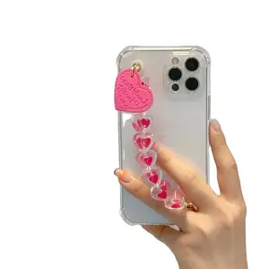 귀여운 3D 사랑 심장 팔찌 케이스 손목 스트랩 지우기 소프트 커버 아이폰 12 프로 맥스 11 Xs 맥스 Xr 7 8 플러스