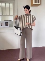 Ensemble Décontracté d'Été Deux Pièces Grande Taille Femme, Tricot Lâche Régulier Rayé Respirant en Polyester Gaufré, Pull et Pantalon Large