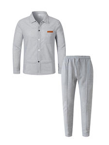 Wholesale European American Size <strong>Men's</strong> Autumn Solid Color Lapel Button Casual Jacket Tracksuit Sets - Product Image 5