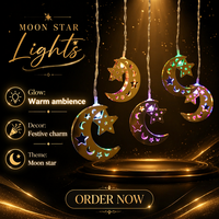 Guirnalda de Luces LED con Forma de Luna y Estrella, Faroles Colgantes de Hierro, Funciona con Batería, Decoración Dorada para Ramadán, Ventana del Hogar, Dormitorio