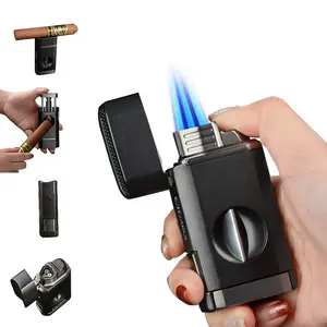 vintage metal gas windproof jet flame refillable custom cigar butane triple v cut torch lighter for smoking accessories