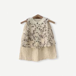 Traje para niños Verano Niñas Algodón Lino Sin mangas Estampado de flores Top Pantalones de pierna <span class=keywords><strong>ancha</strong></span> Conjunto de 2 piezas <span class=keywords><strong>Ropa</strong></span> de bebé dulce - Product Image 1
