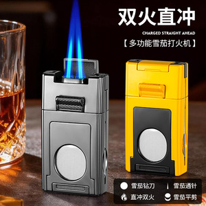 Multi Functional Cigar <b>Lighter</b> Dual Flame <b>Windproof</b> Alloy Body with Cutter and Punch Portable JOFI JT-OB2 - Product Image 4