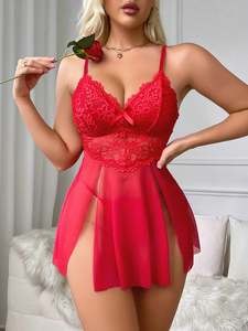 Nouveau produit Lingerie érotique femmes ensemble de sous-vêtements dentelle maille col en V sangle chemise de nuit beauté dos Perspective femmes Lingerie Sexy - Product Image 6
