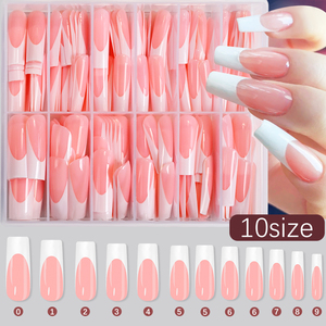 240 <span class=keywords><strong>faux</strong></span> ongles roses brillants à presser, 12 tailles, longs carrés, avec bord blanc, couvrance totale, élégants - Product Image 1