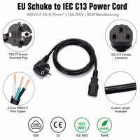Kabel Daya SJT 0.75mm2 Tembaga Murni H05VV-F EU Schuko IEC C13 16A 250V Hitam PBT untuk PC Server Monitor UPS PDU