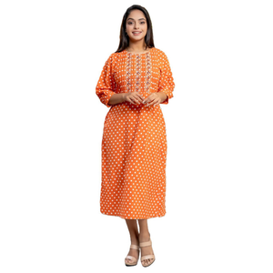 Vestido Midi de Georgette Estampado Naranja de Lujo al Por Mayor, Ropa Elegante para Mujer - Product Image 2