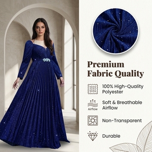 Elegante Vestido de Noche Azul Rey de Poliéster Plisado de Manga Larga Maxi con Detalle en la Cintura para Banquete y Eventos Especiales - Product Image 3