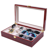 Boîte de rangement pour lunettes de soleil et bijoux pour homme en cuir grain de bois rouge, 1 ou 2 niveaux, avec fenêtre en verre, pour bagues et colliers