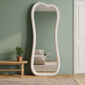 Custom Modern Large Irregular Wavy Wooden <b>LED</b> Floor <b>Mirror</b> Freestanding Full Length <b>Vanity</b> Wall Decor for Bedroom Bathroom - Product Image 2