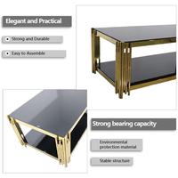 Table basse rectangulaire moderne en acier inoxydable avec base dorée et dessus en verre noir
