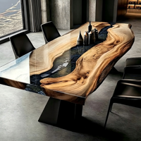 Table à manger rectangulaire en bois de noyer massif, bord naturel, époxy noir et sable doré, style moderne et luxueux, pour villa et maison