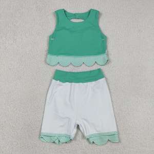 En stock: Conjuntos de yoga y tenis para bebés niñas con borde festoneado, ropa de vacaciones para bebés al por mayor, ropa deportiva para niños. - Product Image 2