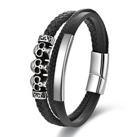 Bracelet pour homme en acier inoxydable avec tête de crâne en cuir véritable tissé à la main, boucle magnétique, bijoux punk de haute qualité, cadeau