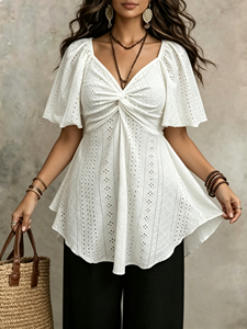 Chemisier personnalisé pour femme, col en V, devant torsadé, manches volantées, broderie anglaise, ourlet asymétrique, style bohème, décontracté, pour les vacances et le quotidien - Product Image 2