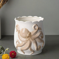 Pot de fleurs en céramique blanc simple, décoration en relief d'octopus, glaçure mate, vase de table, décoration d'intérieur, série marine, arrangement floral